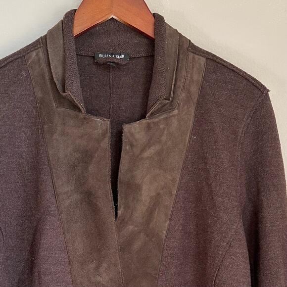 Eileen Fisher Merino Wool Lamb Leather Brown Button Jacket Pockets Size Large - Picture 2 of 9